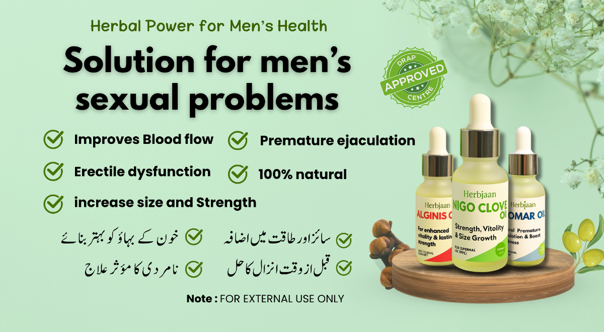 Herbal oils for men's health on a wooden tray with text about their benefits.